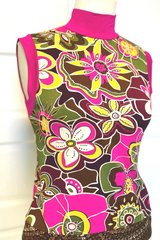 Jules Mock T-Neck Shell Sleeveless Top Bright Pink Olive Yellow Brown Floral Front 2