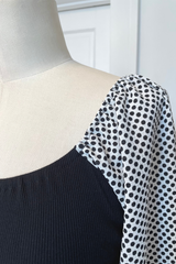 KOKOON Hutton Square Neck Top in Black Rib Knit With White and Black Polka Dot Sleeves Front Detail