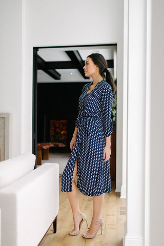 KOKOON A Star is Born Duster Dress in Navy White Polka Dot Side View