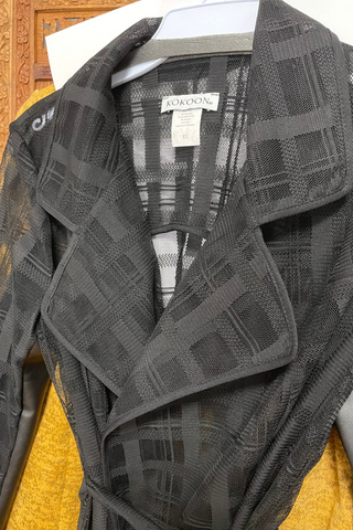 KOKOON Gambit Trench Coat Dress in Black Plaid Mesh Front Detail