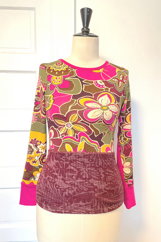 Spunky Pullover in Peace and Love Bright Floral Pink Olive Long Sleeve Top Front