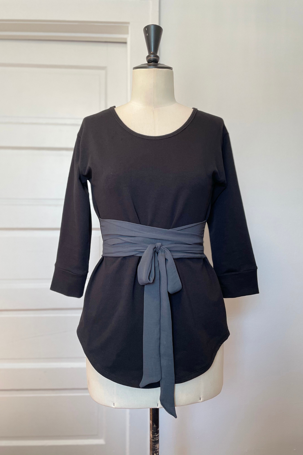KOKOON Sweet Sweat French Terry and Chiffon Wrap Top in Black and Charcoal Front