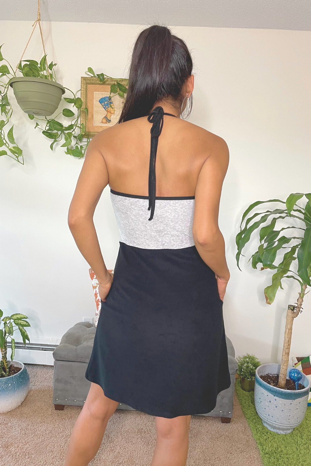 KOKOON Very Terry 3 color Halter Dress With Pockets in Aqua Heather Grey and Black Loop Terry Cloth Back