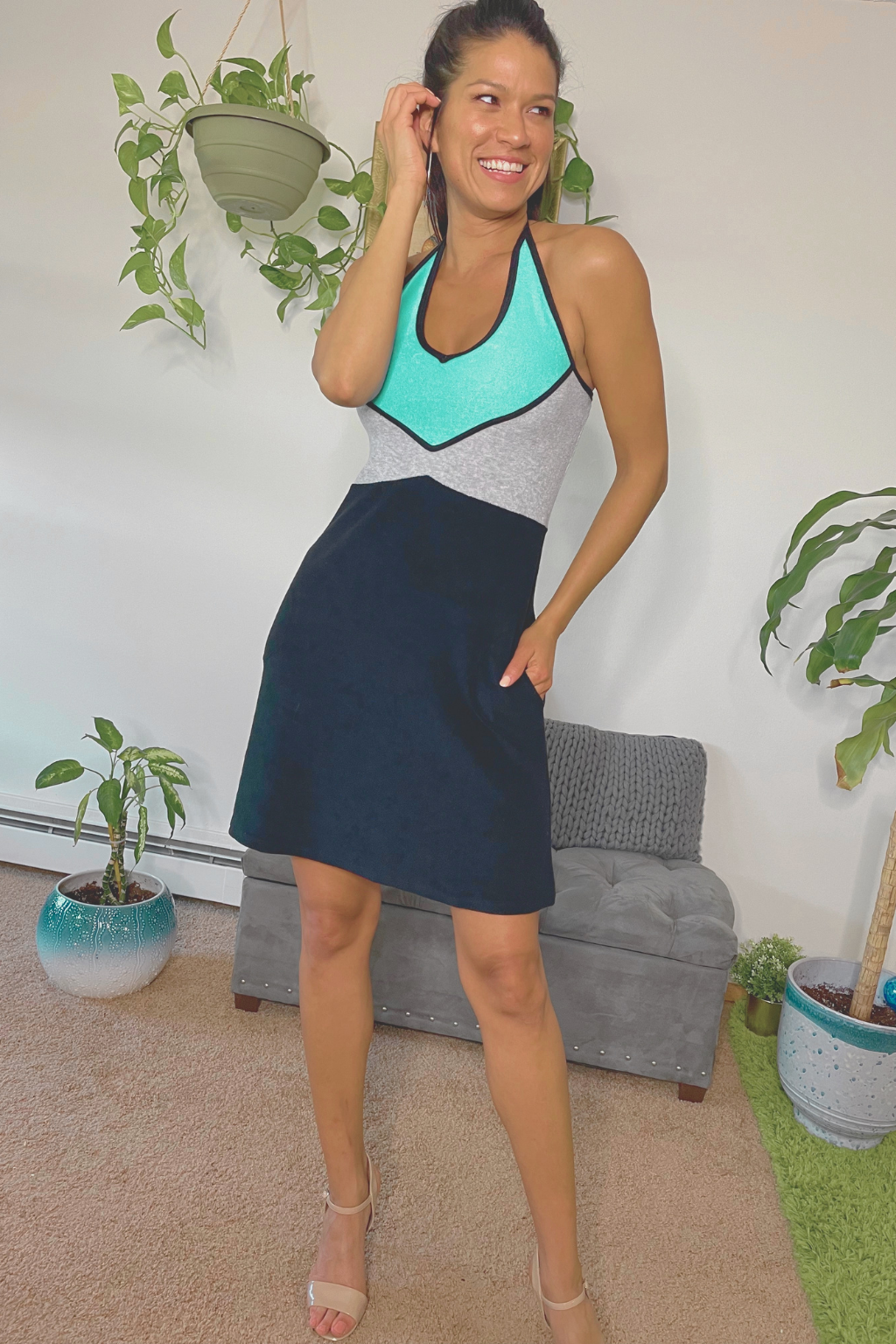 KOKOON Very Terry 3 color Halter Dress With Pockets in Aqua Heather Grey and Black Loop Terry Cloth Front 3