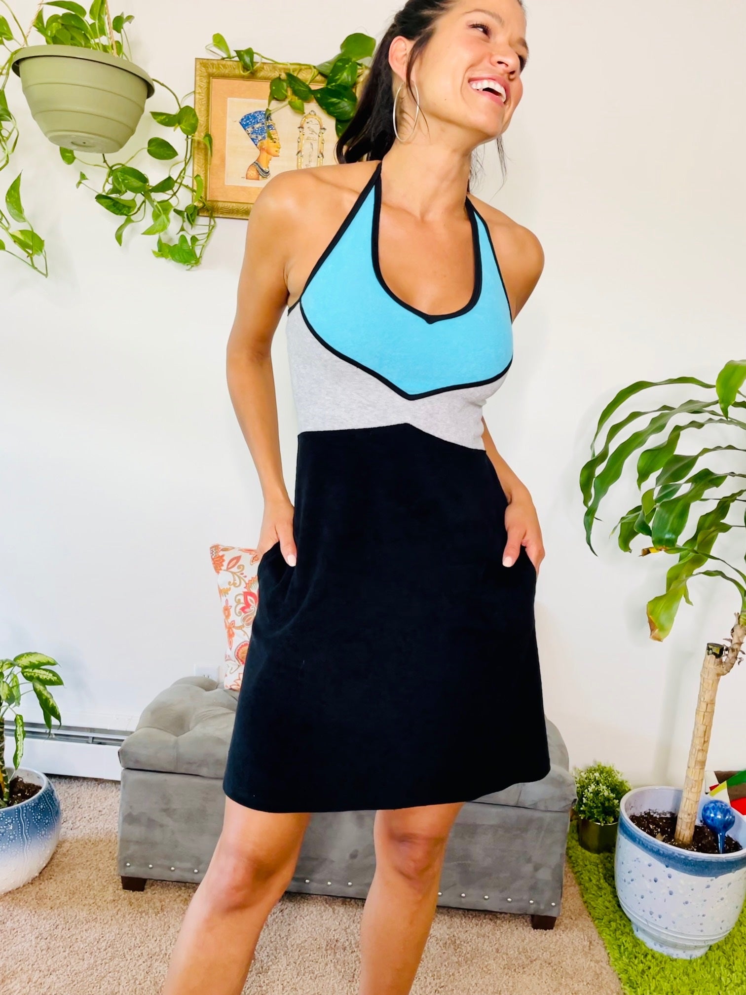 KOKOON Very Terry 3 color Halter Dress With Pockets in Aqua Heather Grey and Black Loop Terry Cloth Front 2