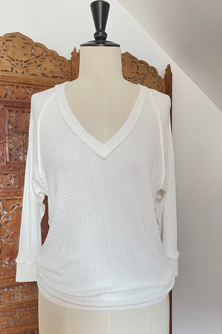 KOKOON Deep V Pullover in Ivory Waffle Knit Front On Mannequin
