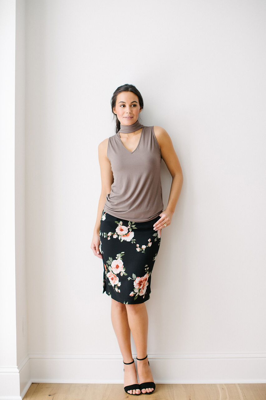 KOKOON Sleeveless Pantages Shell in Fawn with Spencer Floral Skirt